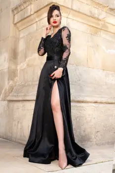 Rochie de seara neagra din tafta Joana lunga cu bust din dantela imagine