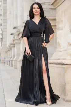 Rochie de seara neagra eleganta Fausta cu maneci fluture si pliseuri imagine