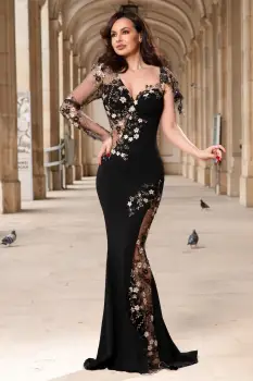 Rochie de seara neagra lunga Neptune tip sirena cu flori de cires brodate imagine