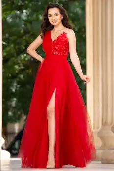 Rochie de seara rosie din tulle Minerva cu flori 3D imagine