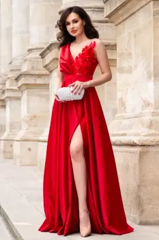 Rochie de seara rosie lunga din tafta Saturn cu flori 3D imagine