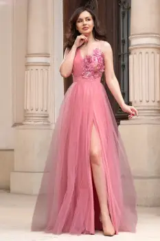 Rochie de seara roz din tulle Minerva cu flori 3D imagine
