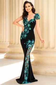 Rochie de seara tip sirena Fabrizia cu broderie florala turquoise imagine