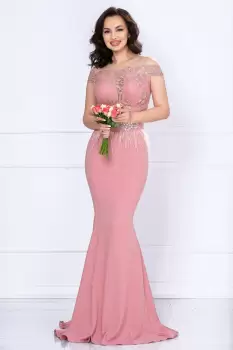 Rochie de seara tip sirena Renata roz cu broderie si fulgi imagine