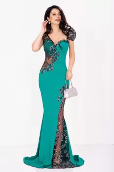 Rochie de seara tip sirena Sherrel verde cu flori din paiete argintii imagine