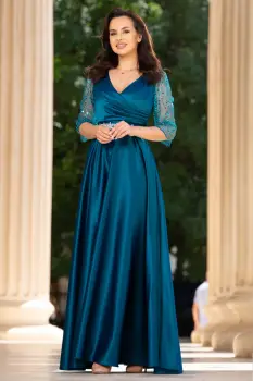 Rochie de seara turquoise Giorgia lunga din tafta cu maneci paietate imagine