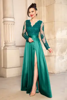 Rochie de seara verde din tafta Joana lunga cu bust din dantela imagine