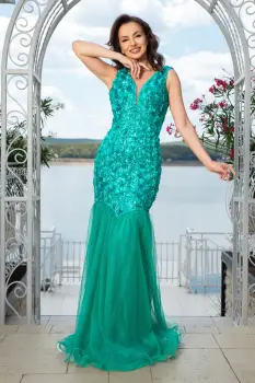 Rochie de seara verde eleganta tip sirena Elvira cu trandafiri 3D imagine