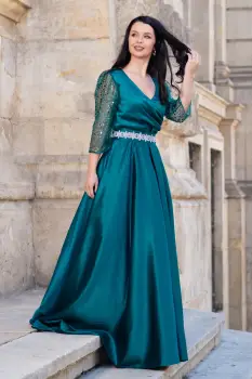 Rochie de seara verde Giorgia lunga din tafta cu maneci paietate imagine