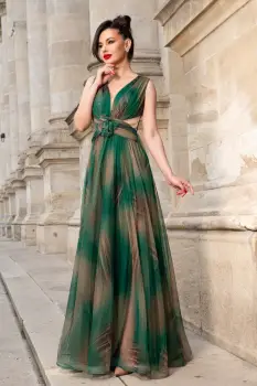 Rochie de seara verde lunga Elissa cu imprimeu tip pictura si floare 3D imagine