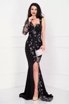 Rochie de seara Victoria neagra tip sirena cu broderie si flori 3D imagine