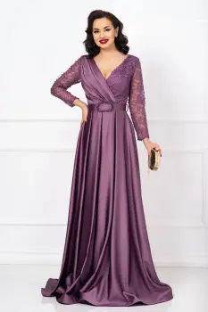 Rochie de soacra Marilyn mov lunga cu fronseuri si maneci pretioase brodate imagine