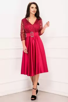 Rochie de soacra midi din tafta bordo cu dantela la bust si centura pretioasa imagine