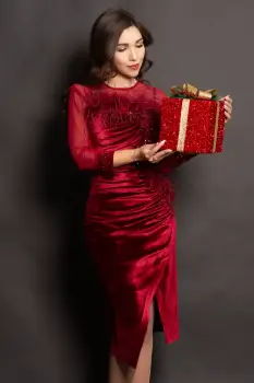 Rochie din catifea bordo Noelia cu paiete si fulgi imagine