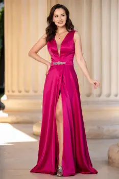 Rochie din tafta Ophelia fucsia lunga imagine