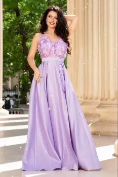 Rochie eleganta Abigail lila tip printesa din tafta cu flori 3D imagine