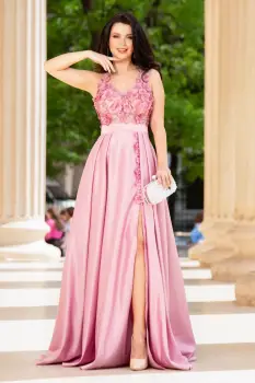 Rochie eleganta Abigail roz tip printesa din tafta cu flori 3D imagine