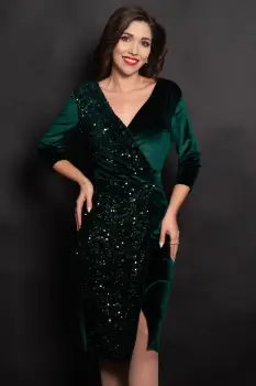 Rochie eleganta Amira verde din catifea cu paiete pe o parte imagine