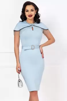 Rochie eleganta bleu conica cu maneci tip capa si franjuri argintii imagine