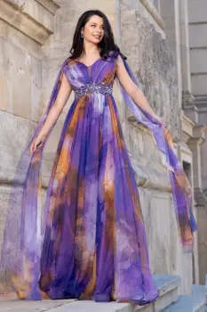 Rochie eleganta de seara Alessandra cu imprimeu tip pictura mov imagine