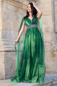 Rochie eleganta de seara Alessandra cu imprimeu tip pictura verde imagine