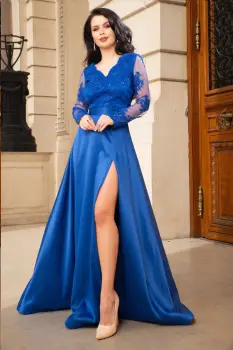 Rochie eleganta de seara Joana din tafta albastru royal cu bust din dantela imagine