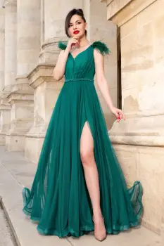 Rochie eleganta de seara lunga verde Gratiela cu perle in talie si fulgi pe umeri imagine