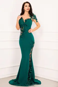 Rochie eleganta lunga Esther de seara verde cu flori brodate si fulgi imagine