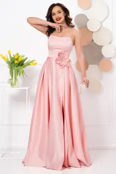 Rochie eleganta lunga roz Lorelai din tafta cu floare 3D imagine