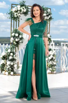 Rochie eleganta lunga verde cu paiete si fulgi pe umar imagine