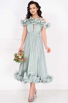 Rochie eleganta midi din organza mint Rosalyn cu volane romantice imagine