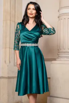 Rochie eleganta midi in clos verde cu maneci din tulle brodat imagine