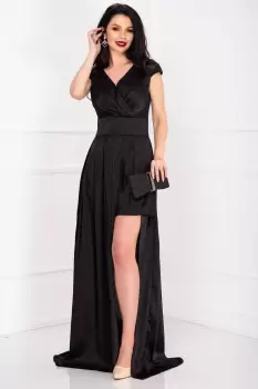 Rochie eleganta neagra dungata cu decupaj pe picior imagine