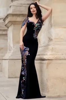 Rochie eleganta neagra Kany cu model din paiete si flori pastelate imagine