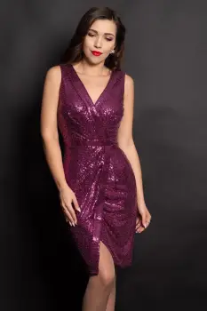 Rochie eleganta petrecuta Luiza mov cu paiete si glitter imagine