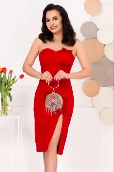 Rochie eleganta rosie midi June cu fundite decorative imagine