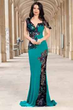 Rochie eleganta tip sirena Kany aqua cu model din paiete si flori pastelate imagine