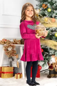 Rochie fetita Alma mov din catifea cu inima din paiete imagine