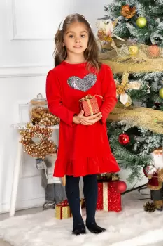 Rochie fetita Alma rosie din catifea cu inima din paiete imagine