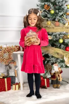 Rochie fetita Cherry din catifea fucsia cu volanas imagine