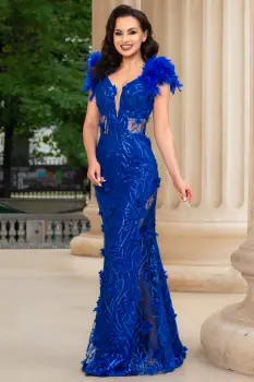 Rochie lunga albastra sirena Alejandra cu glitter si flori decorative imagine