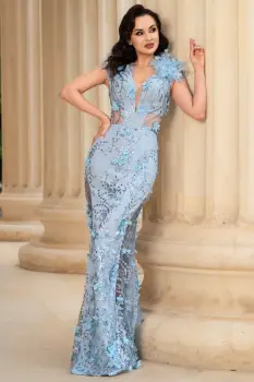 Rochie lunga bleu ciel sirena Alejandra cu glitter si flori decorative imagine