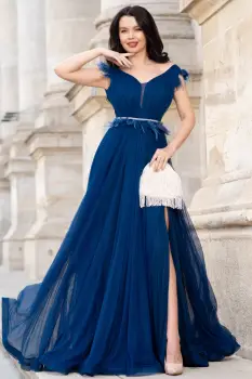 Rochie lunga de seara bleumarin Petronela decorata cu banda din fulgi imagine