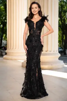 Rochie lunga neagra sirena Alejandra cu glitter si flori decorative imagine