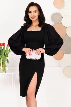 Rochie midi de ocazie neagra cu maneci din voal si accesoriu cu strassuri imagine