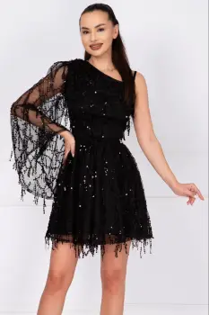 Rochie mini neagra in clos cu franjuri din paiete imagine