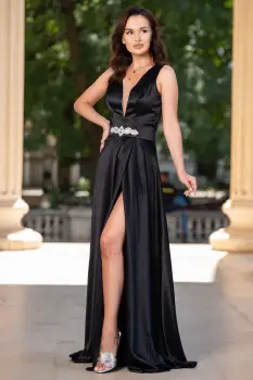 Rochie neagra din tafta Ophelia lunga imagine
