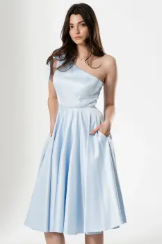 Rochie ocazie eleganta bleu in clos Marisilia cu funda pe umar imagine