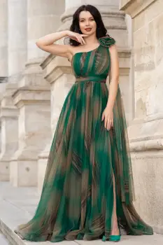 Rochie pretioasa Josephine verde cu imprimeu tip pictura imagine
