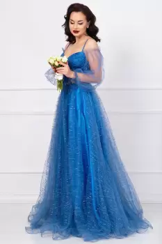 Rochie pretioasa Patrizia baby blue din tulle cu sclipici si margele imagine